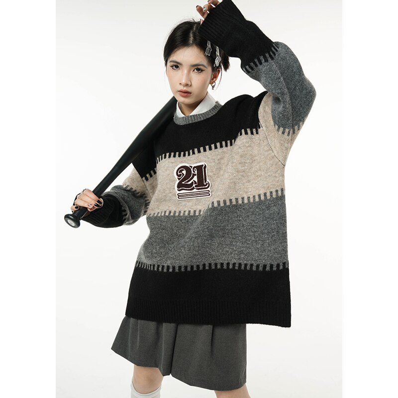 Sieviešu melns svītru džemperis apaļš kakla krāsa kontrasts amerikāņu modes ielas apģērbs slinks vējš ziemas garām piedurknēm adīšanas džemperis