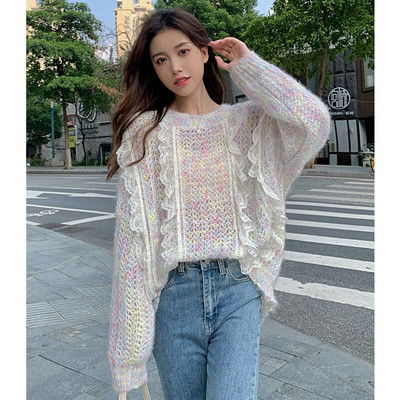 Pavasara rudens Gotas džemperis Lolita Sieviešu saldais mežģīņu kaklasaites krāsas trikotāžas tops korejiešu modes Kawaii trikotāžas džemperi Girly Y2k apģērbi