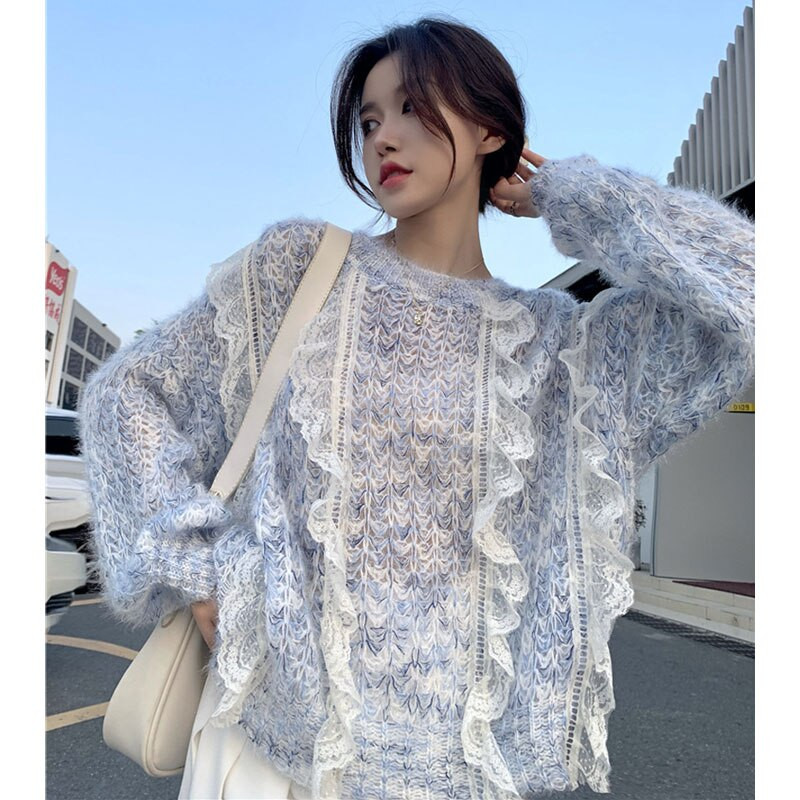 Pavasara rudens Gotas džemperis Lolita Sieviešu saldais mežģīņu kaklasaites krāsas trikotāžas tops korejiešu modes Kawaii trikotāžas džemperi Girly Y2k apģērbi