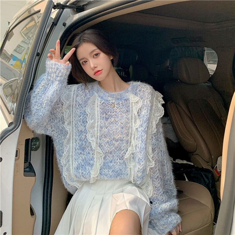 Pavasara rudens Gotas džemperis Lolita Sieviešu saldais mežģīņu kaklasaites krāsas trikotāžas tops korejiešu modes Kawaii trikotāžas džemperi Girly Y2k apģērbi