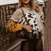 Μόδα Leopard Patchwork Γυναικείο πουλόβερ Χειμερινό Ζεστό Κομψό Γούνινο μαλακό Γυναικείο πλεκτό πουλόβερ Φθινοπωρινό O λαιμό μακρυμάνικο πουλόβερ