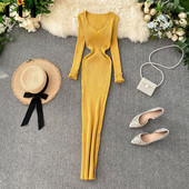 CCI Γυναικείο Φθινοπωρινό Απλό Σέξι Λεπτό Ελαστικό Φόρεμα Bodycon Φόρεμα Μονόχρωμο Μακρυμάνικο στενό μέσης πλεκτό μακρύ φόρεμα WQ004S