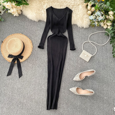 CCI Γυναικείο Φθινοπωρινό Απλό Σέξι Λεπτό Ελαστικό Φόρεμα Bodycon Φόρεμα Μονόχρωμο Μακρυμάνικο στενό μέσης πλεκτό μακρύ φόρεμα WQ004S