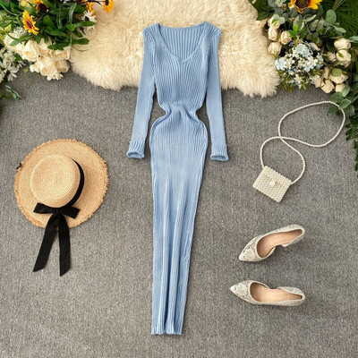 CCI Γυναικείο Φθινοπωρινό Απλό Σέξι Λεπτό Ελαστικό Φόρεμα Bodycon Φόρεμα Μονόχρωμο Μακρυμάνικο στενό μέσης πλεκτό μακρύ φόρεμα WQ004S