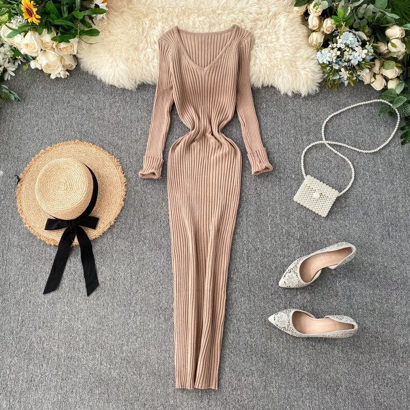 CCI Γυναικείο Φθινοπωρινό Απλό Σέξι Λεπτό Ελαστικό Φόρεμα Bodycon Φόρεμα Μονόχρωμο Μακρυμάνικο στενό μέσης πλεκτό μακρύ φόρεμα WQ004S